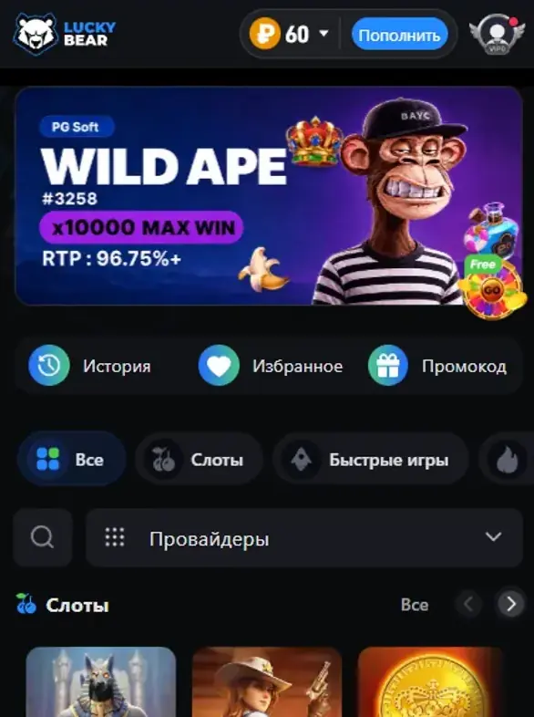 Лобби Lucky Bear: поиск с фильтром «Провайдеры», вкладки «Слоты» и «Быстрые игры», плитки «История», «Избранное» и «Промокод», баннер новинки